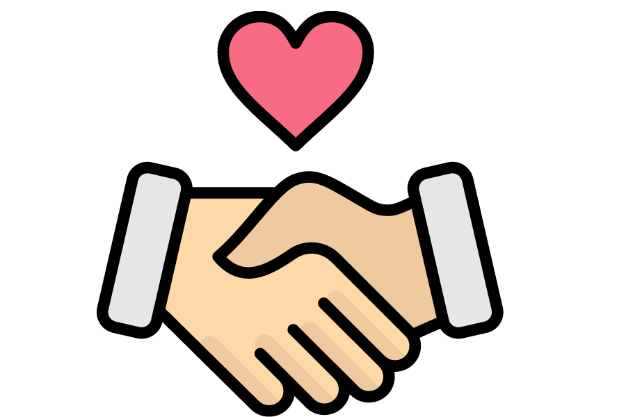 An icon image of two hands shaking with a heart above them.