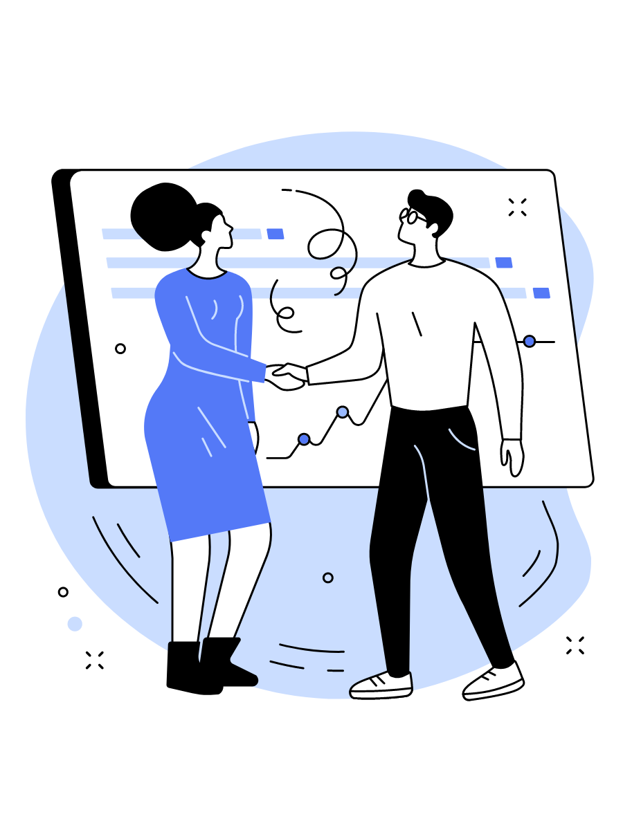 A graphic drawing of a man shaking a woman's hand.