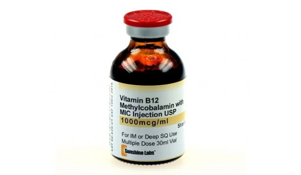 A bottle of Vitamin B12.